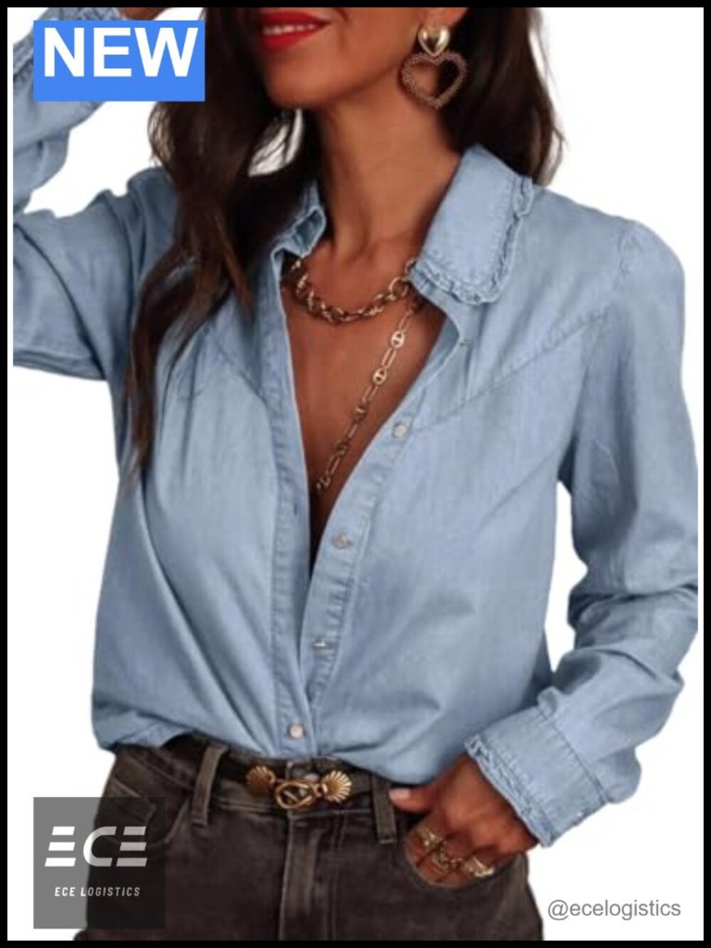 Womens Ruffle V Neck Button Down Denim Shirt Long Sleeve Chambray Top